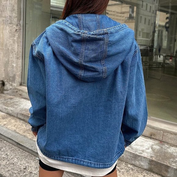 Blue Preppy Womens Half Button Drawstring Hem Hooded Denim Jacket - Picture 2 of 5